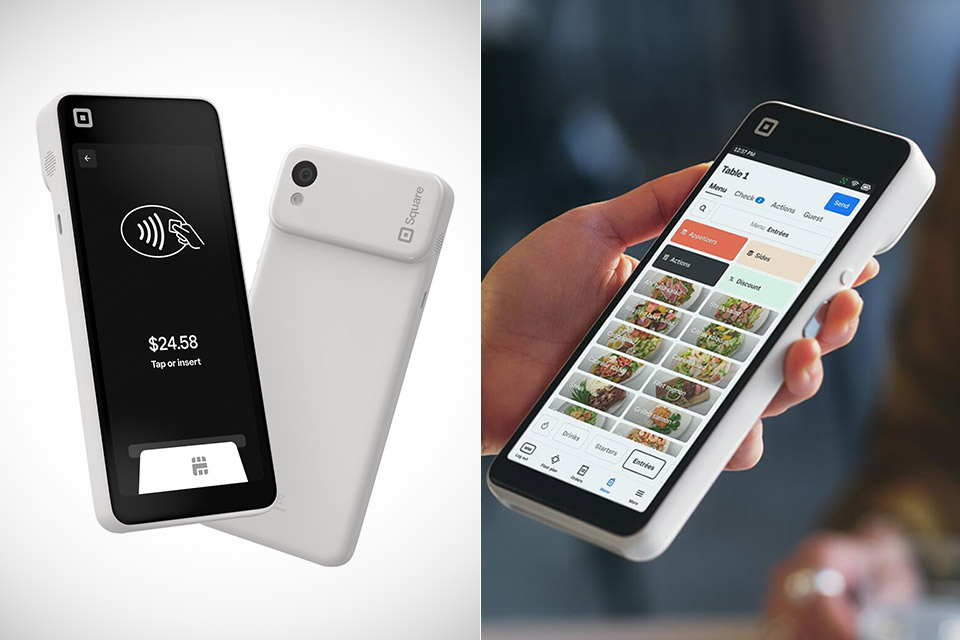 Square Handheld showing a Tap or insert payment screen, front and back