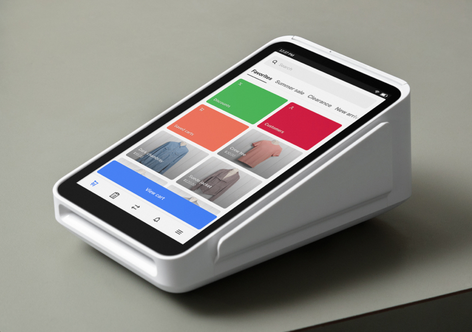 Square Terminal on a counter showing a checkout screen